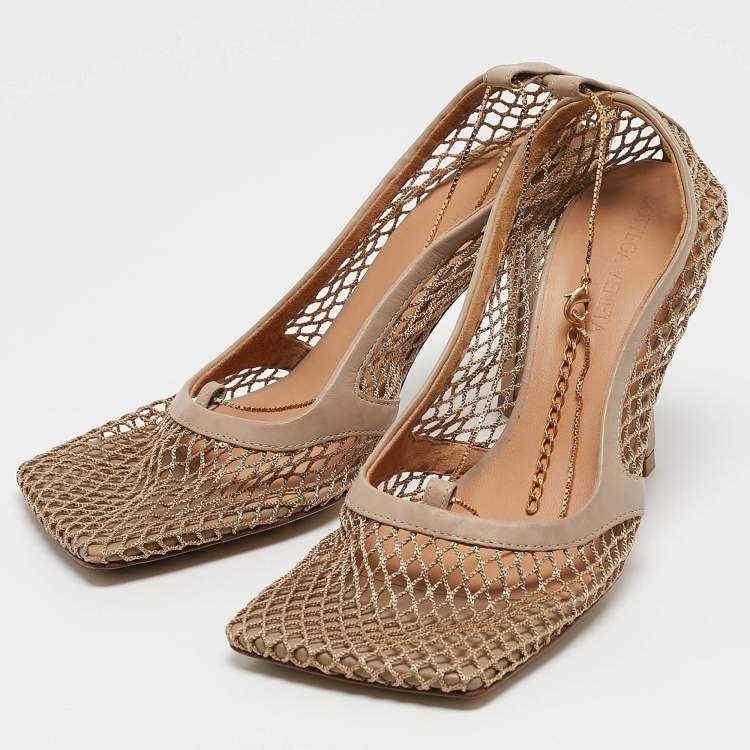 Pre Owned Bottega Veneta Beige Mesh and Leather Chain Stretch Pumps Size 36