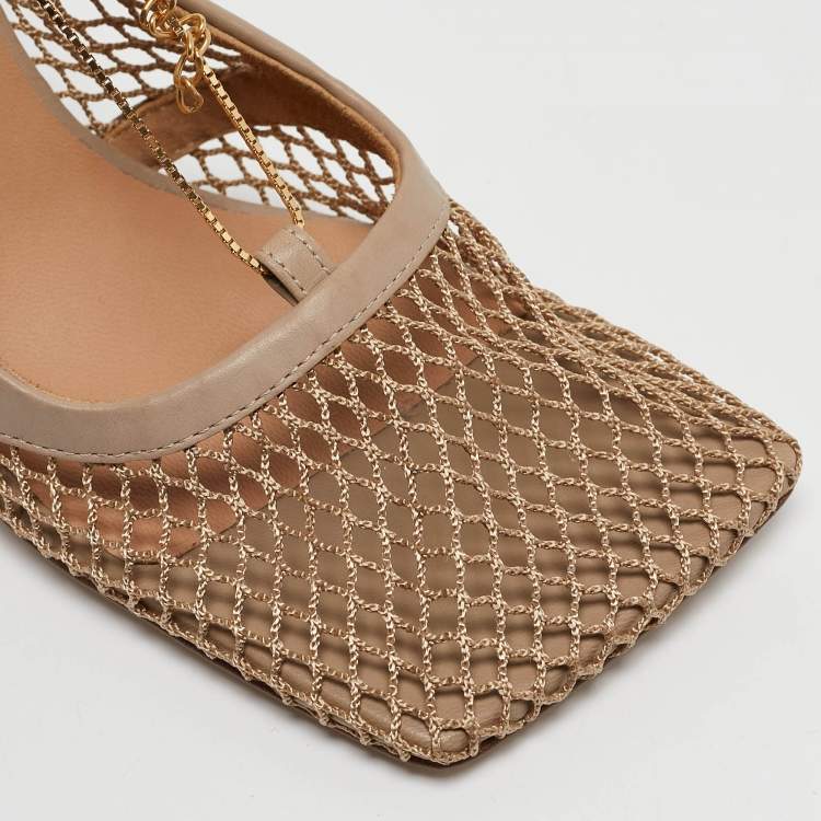 Pre Owned Bottega Veneta Beige Mesh and Leather Chain Stretch Pumps Size 36
