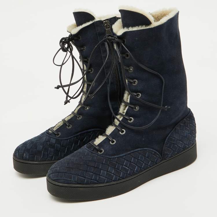 Pre Owned Bottega Veneta Navy Blue Suede Intrecciato Lace Up Snow Boots Size 37