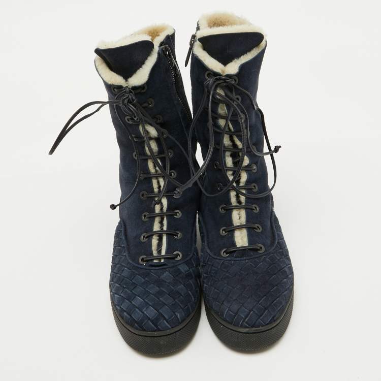 Pre Owned Bottega Veneta Navy Blue Suede Intrecciato Lace Up Snow Boots Size 37