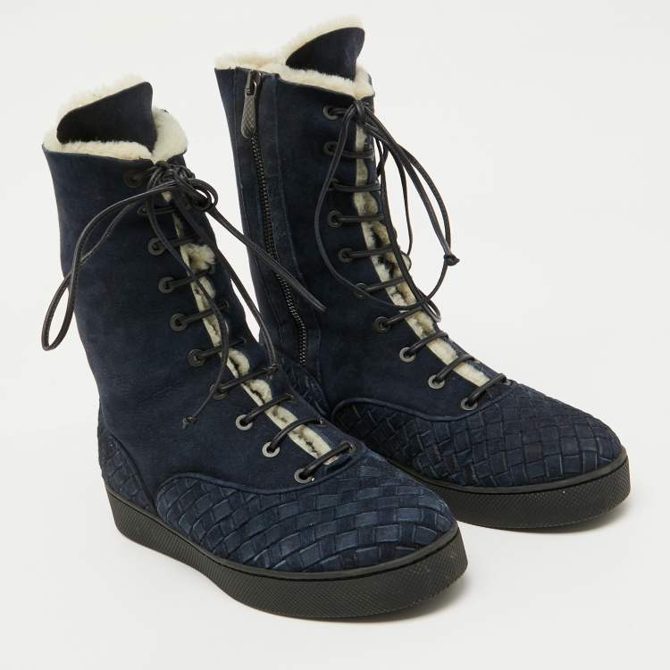 Pre Owned Bottega Veneta Navy Blue Suede Intrecciato Lace Up Snow Boots Size 37