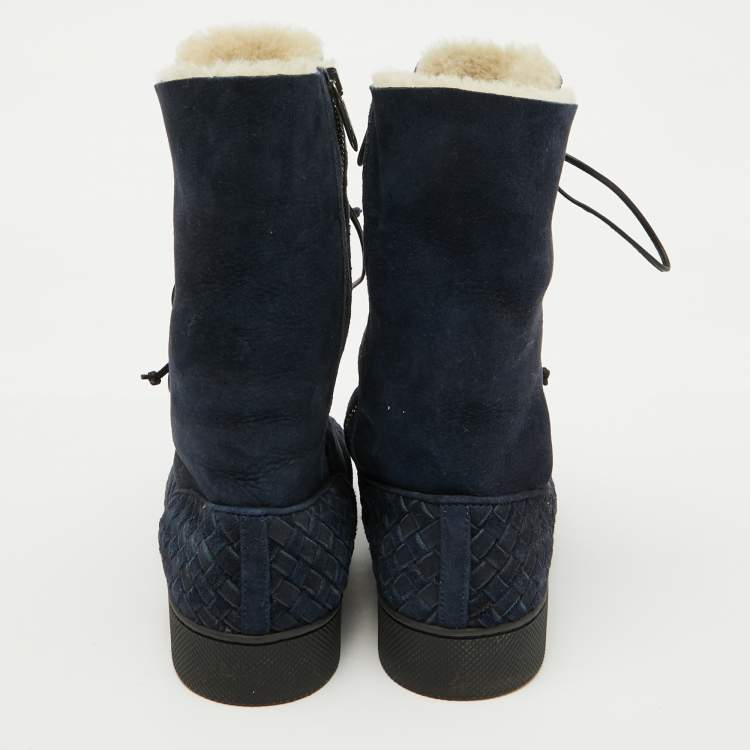 Pre Owned Bottega Veneta Navy Blue Suede Intrecciato Lace Up Snow Boots Size 37