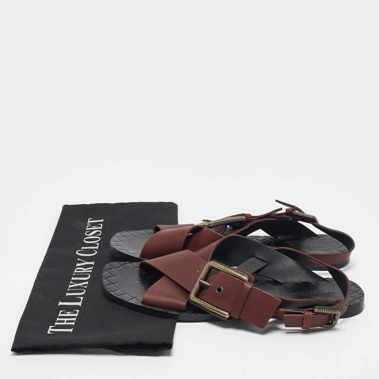 Pre Owned Bottega Veneta Burgundy Leather Criss-Cross Strap Flat Sandals Size 37
