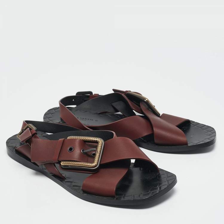 Pre Owned Bottega Veneta Burgundy Leather Criss-Cross Strap Flat Sandals Size 37