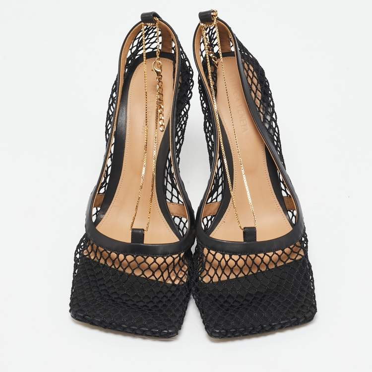 Pre Owned Bottega Veneta Black Mesh and Leather Trim Chain Detail Stretch Square -Toe Pumps Size 39