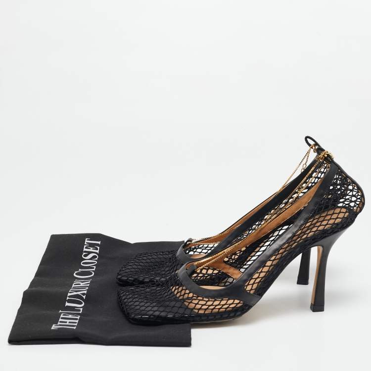 Pre Owned Bottega Veneta Black Mesh and Leather Trim Chain Detail Stretch Square -Toe Pumps Size 39