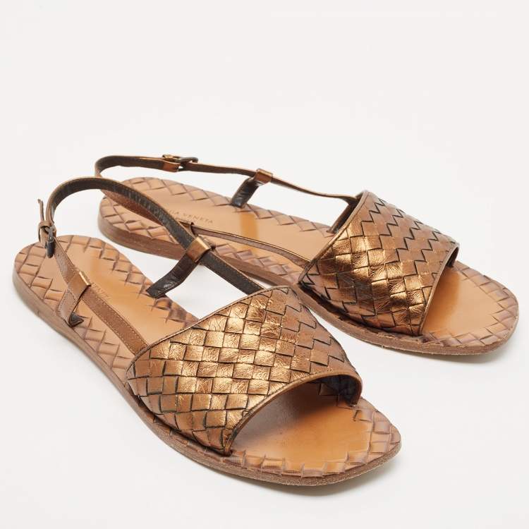 Pre Owned Bottega Veneta Bronze Intrecciato Leather Calvados Flat Sandals Size 40