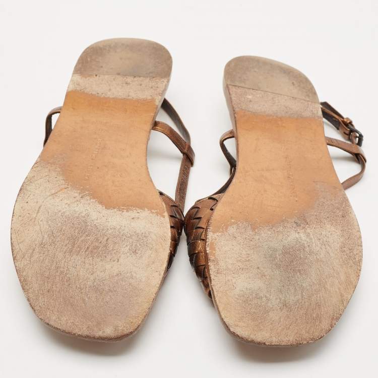 Pre Owned Bottega Veneta Bronze Intrecciato Leather Calvados Flat Sandals Size 40