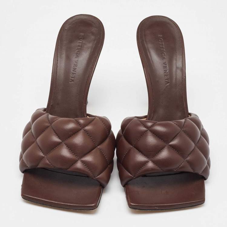 Pre Owned Bottega Veneta Dark Brown Quilted Leather Lido Padded Slide Sandals Size 38
