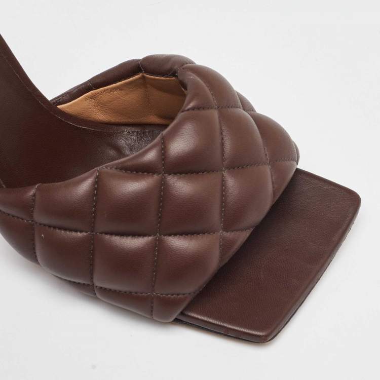 Pre Owned Bottega Veneta Dark Brown Quilted Leather Lido Padded Slide Sandals Size 38