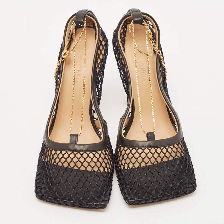 Pre Owned Bottega Veneta Black Mesh and Leather Chain Stretch Pumps Size 35