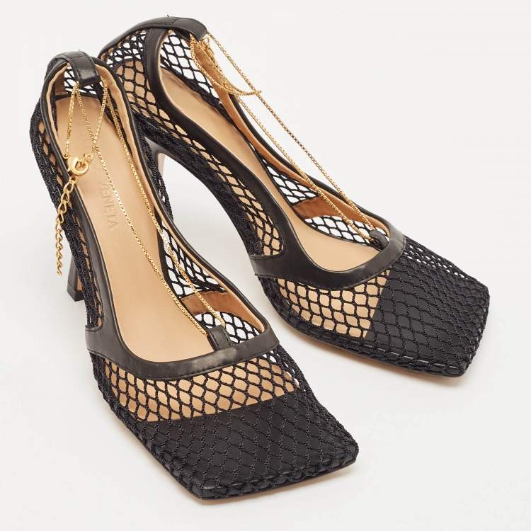 Pre Owned Bottega Veneta Black Mesh and Leather Chain Stretch Pumps Size 35