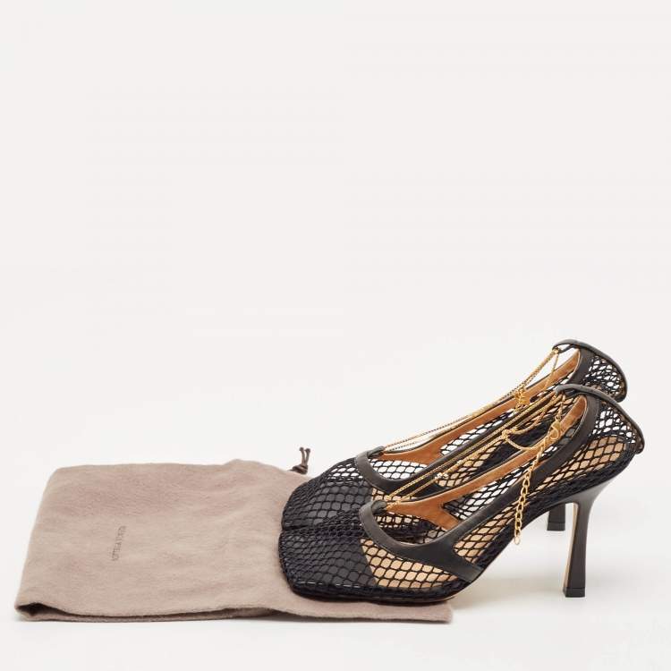 Pre Owned Bottega Veneta Black Mesh and Leather Chain Stretch Pumps Size 35