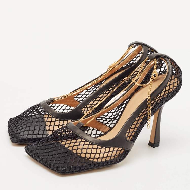 Pre Owned Bottega Veneta Black Mesh and Leather Chain Stretch Pumps Size 35