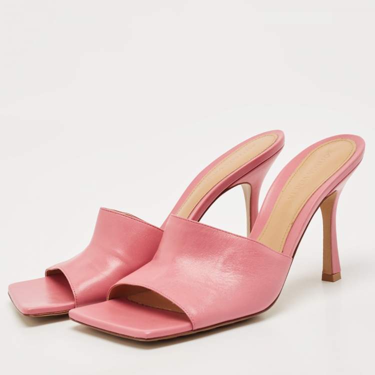 Pre Owned Bottega Veneta Pink Leather Stretch Square Toe Slide Sandals Size 40