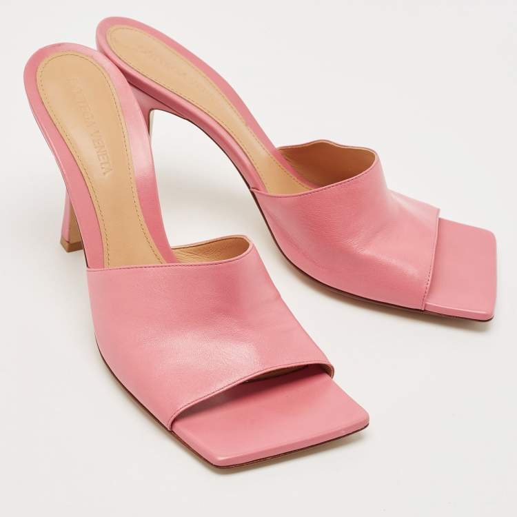 Pre Owned Bottega Veneta Pink Leather Stretch Square Toe Slide Sandals Size 40