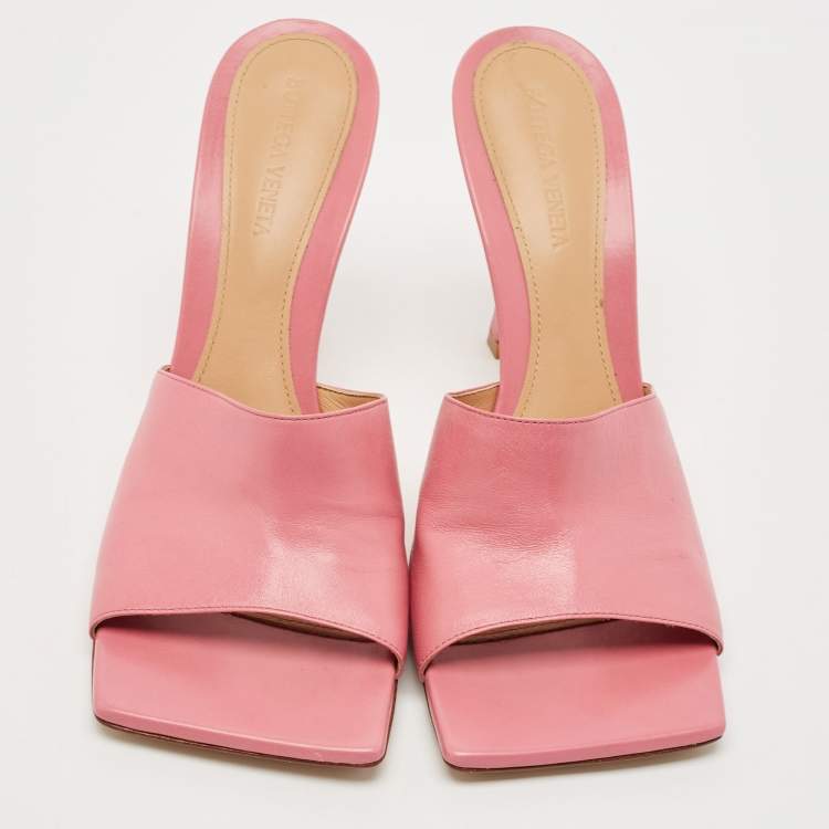 Pre Owned Bottega Veneta Pink Leather Stretch Square Toe Slide Sandals Size 40