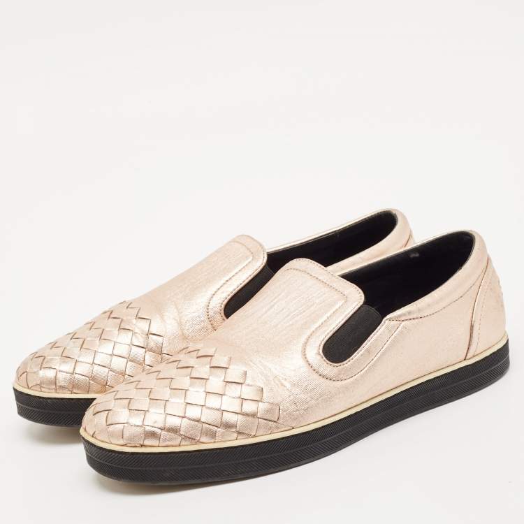 Pre Owned Bottega Veneta Metallic Pink Intrecciato Leather Slip On Sneakers Size 38.5