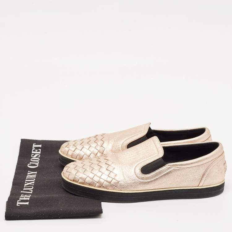 Pre Owned Bottega Veneta Metallic Pink Intrecciato Leather Slip On Sneakers Size 38.5