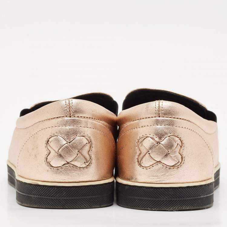 Pre Owned Bottega Veneta Metallic Pink Intrecciato Leather Slip On Sneakers Size 38.5