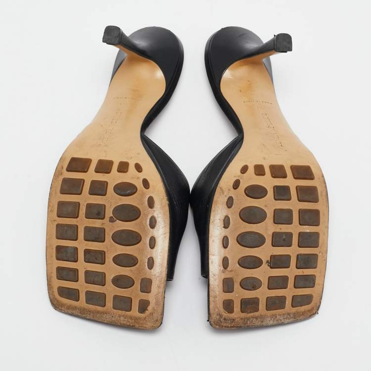 Pre Owned Bottega Veneta Black Leather Stretch Square Toe Slide Sandals Size 40