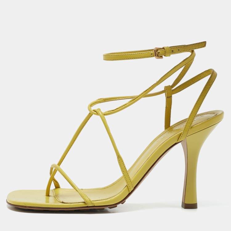 Pre Owned Bottega Veneta Yellow Leather Square Toe Ankle Strap Sandals Size 38
