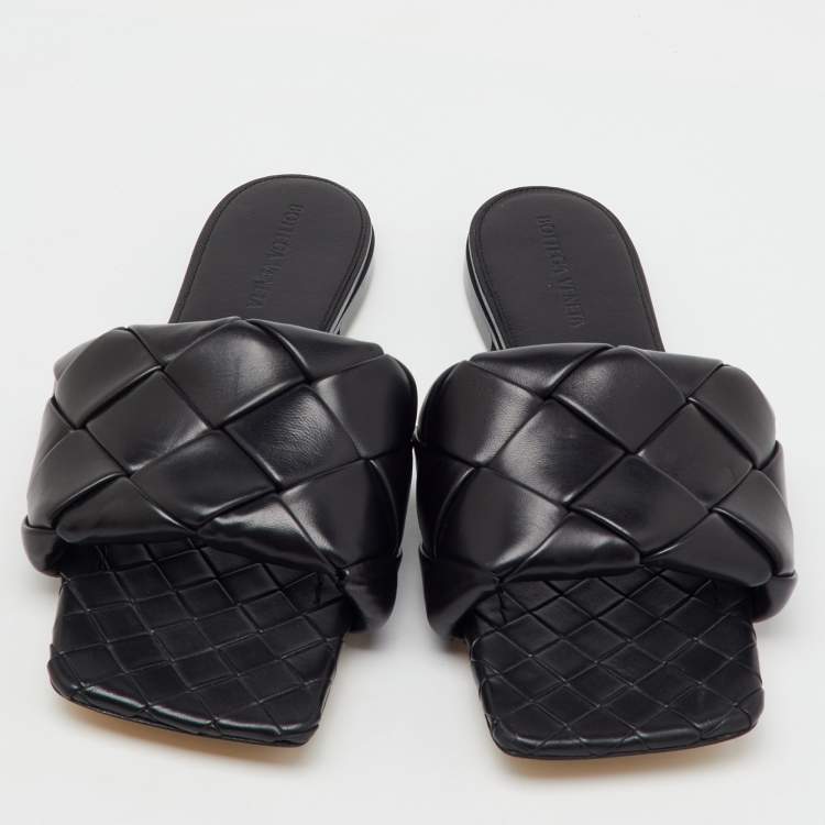 Pre Owned Bottega Veneta Black Intrecciato Leather Lido Flat Slide Sandals Size 39.5