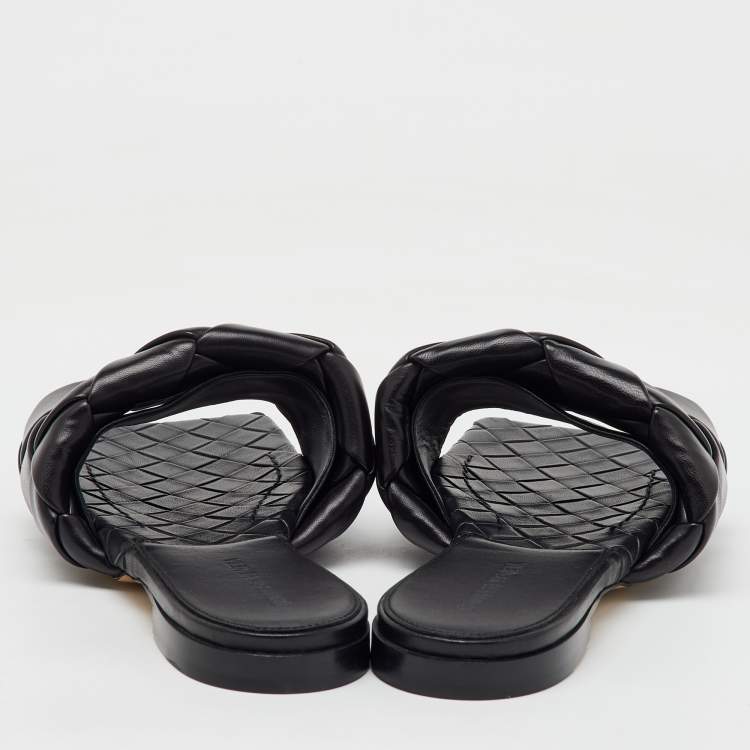 Pre Owned Bottega Veneta Black Intrecciato Leather Lido Flat Slide Sandals Size 39.5