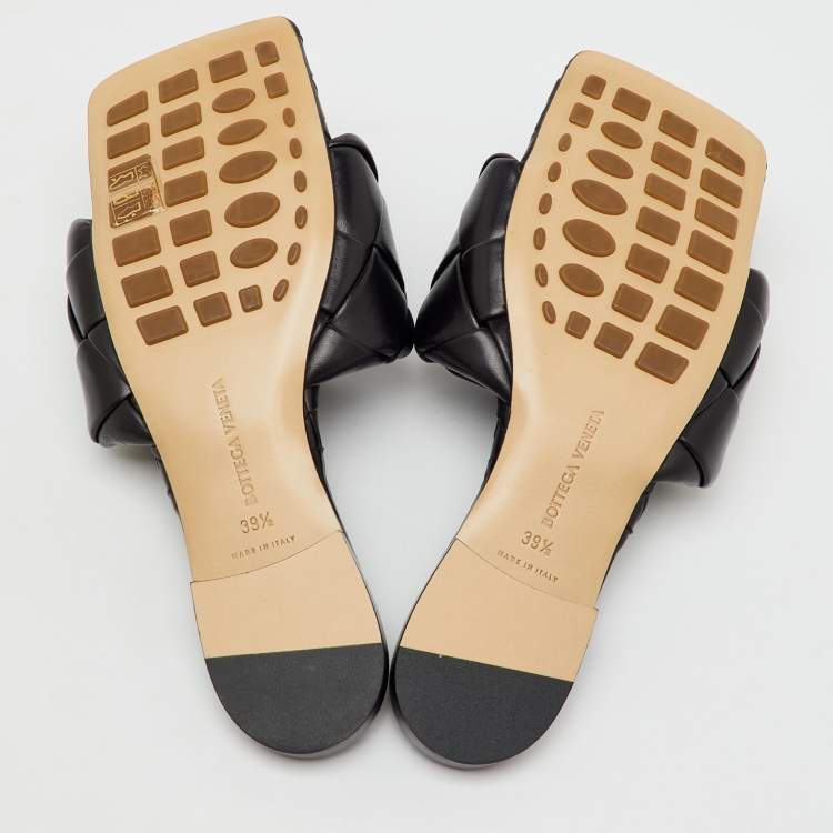 Pre Owned Bottega Veneta Black Intrecciato Leather Lido Flat Slide Sandals Size 39.5