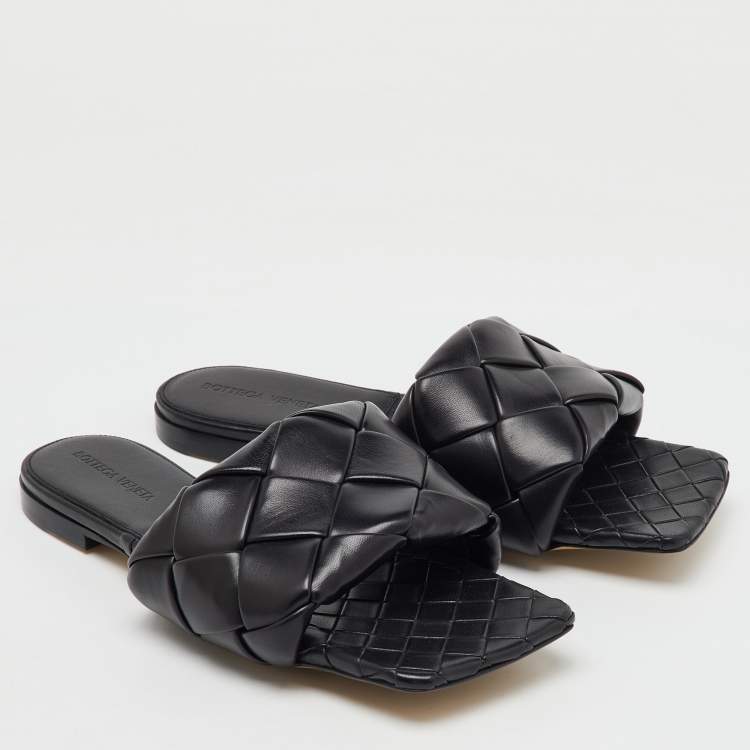 Pre Owned Bottega Veneta Black Intrecciato Leather Lido Flat Slide Sandals Size 39.5