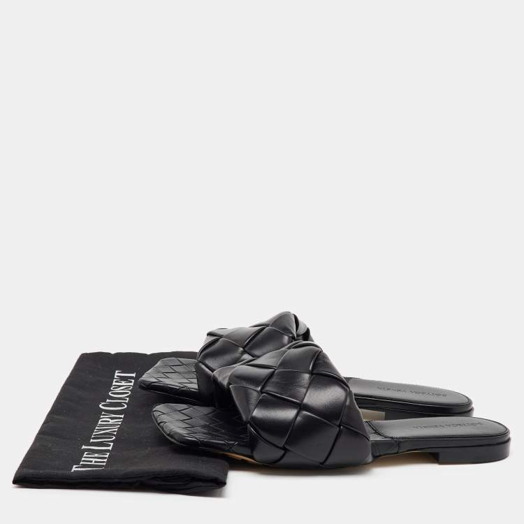 Pre Owned Bottega Veneta Black Intrecciato Leather Lido Flat Slide Sandals Size 39.5