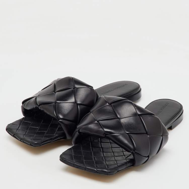 Pre Owned Bottega Veneta Black Intrecciato Leather Lido Flat Slide Sandals Size 39.5