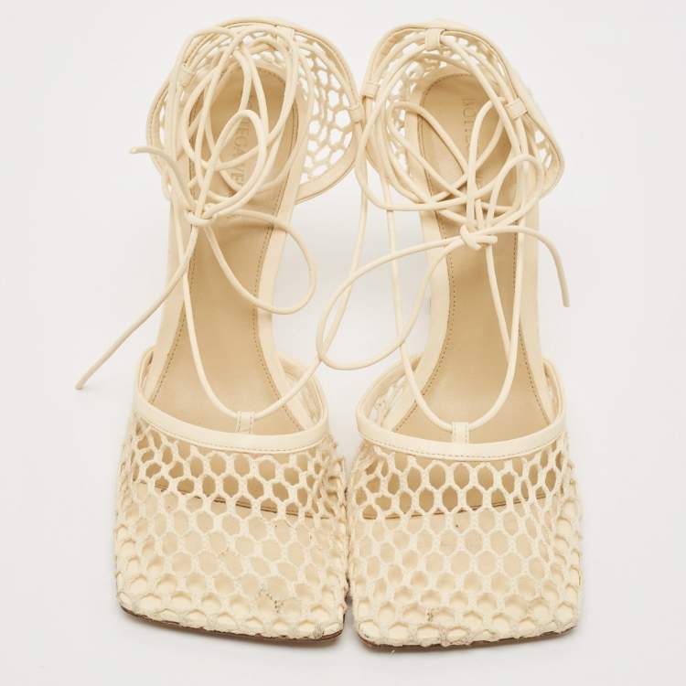 Pre Owned Bottega Veneta Cream Leather and Mesh Stretch Ankle Strap Sandals Size 39