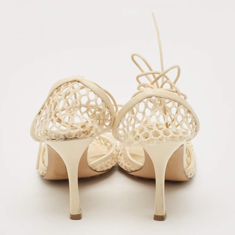 Pre Owned Bottega Veneta Cream Leather and Mesh Stretch Ankle Strap Sandals Size 39