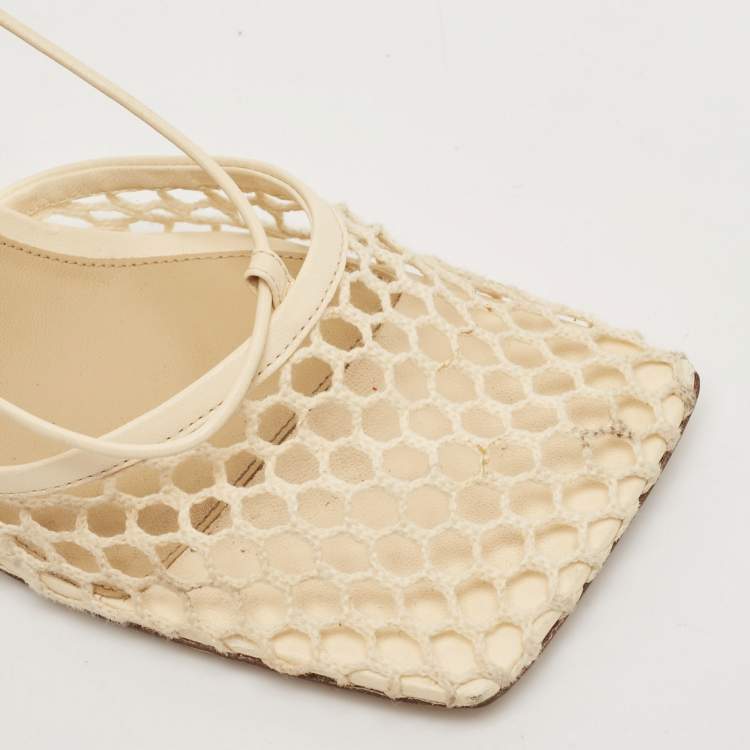 Pre Owned Bottega Veneta Cream Leather and Mesh Stretch Ankle Strap Sandals Size 39