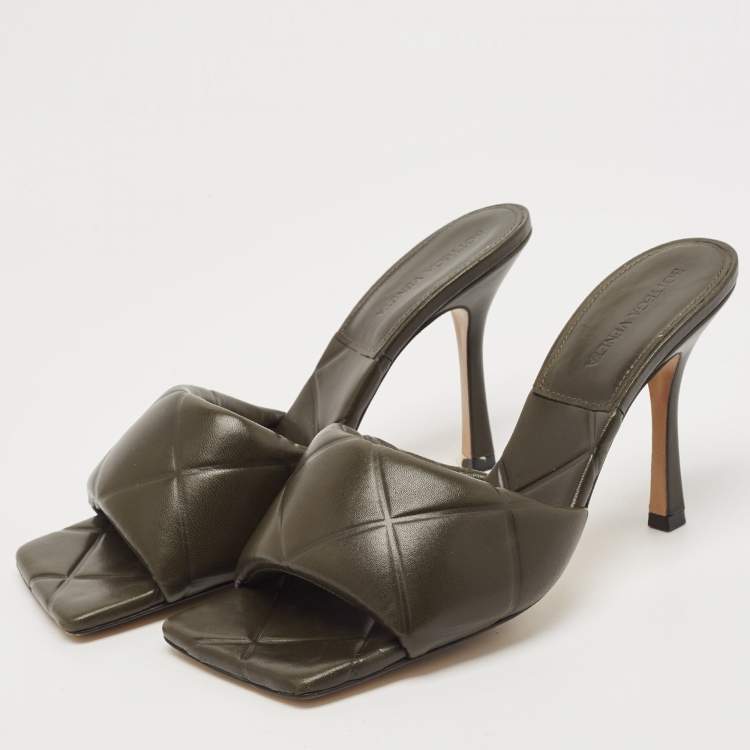 Pre Owned Bottega Veneta Dark Green Leather Lido Slide Sandals Size 41