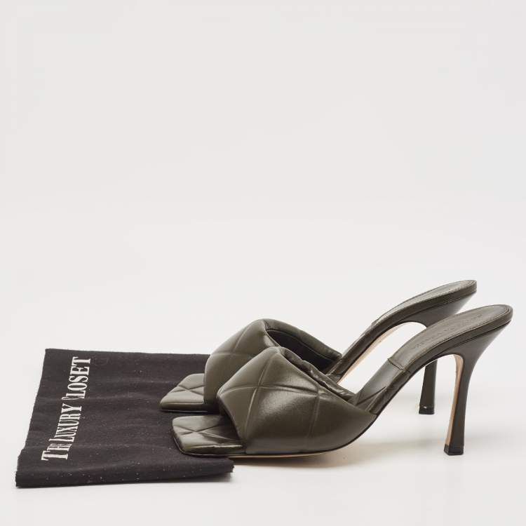 Pre Owned Bottega Veneta Dark Green Leather Lido Slide Sandals Size 41