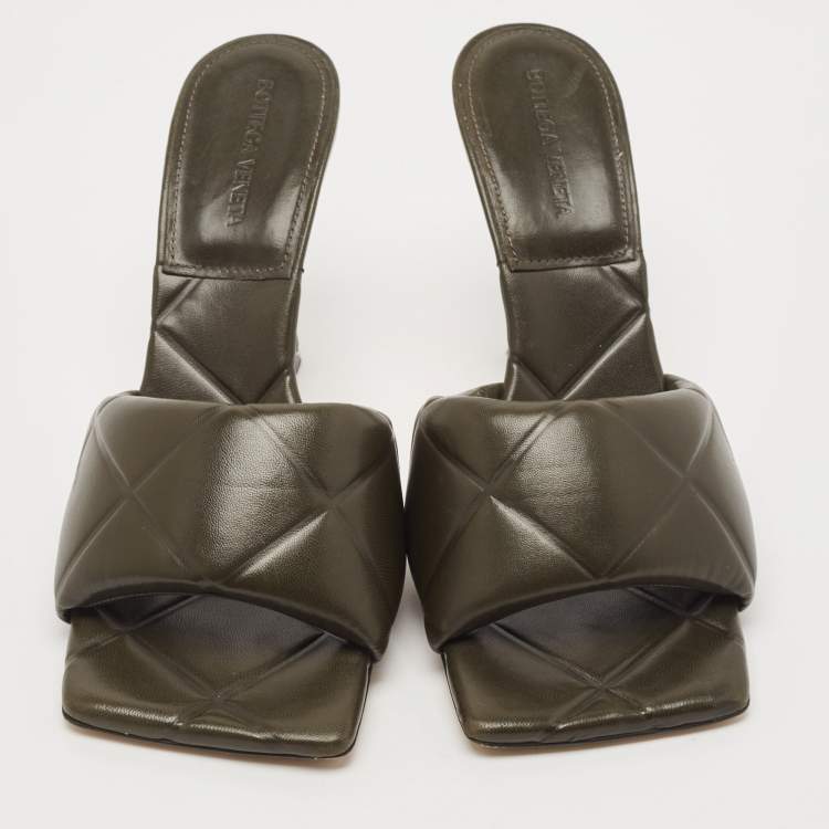 Pre Owned Bottega Veneta Dark Green Leather Lido Slide Sandals Size 41