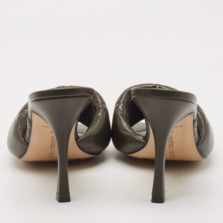 Pre Owned Bottega Veneta Dark Green Leather Lido Slide Sandals Size 41