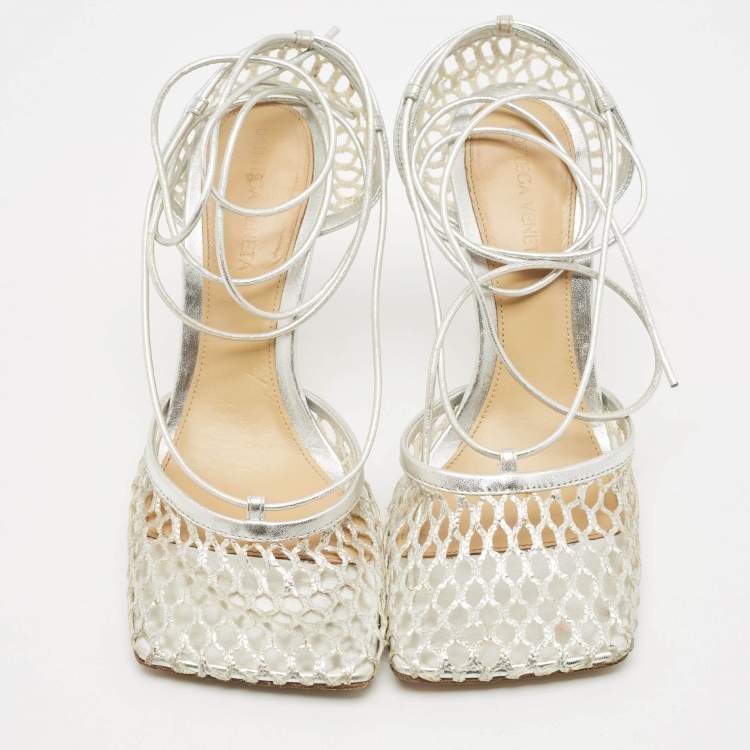 Pre Owned Bottega Veneta Silver Mesh and Leather Stretch Ankle Tie Pumps Size 37