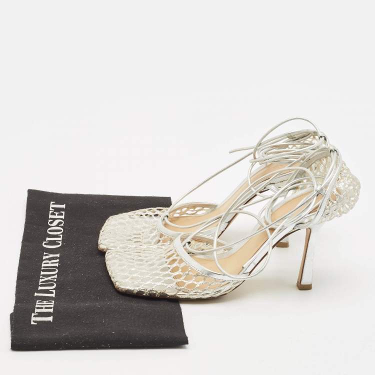 Pre Owned Bottega Veneta Silver Mesh and Leather Stretch Ankle Tie Pumps Size 37