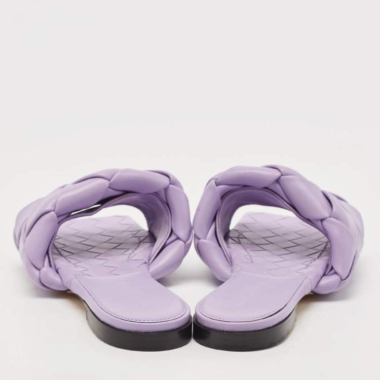 Pre Owned Bottega Veneta Purple Intrecciato Leather Flat Slides Size 37.5