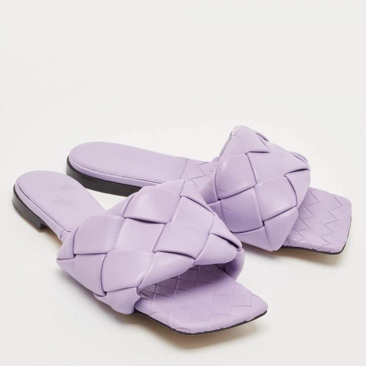 Pre Owned Bottega Veneta Purple Intrecciato Leather Flat Slides Size 37.5