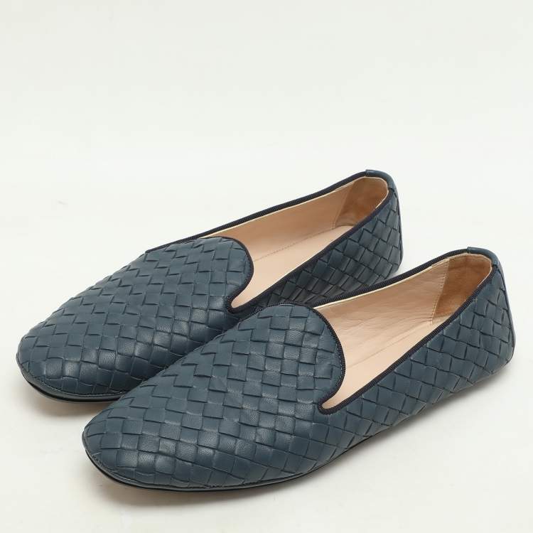 Pre Owned Bottega Veneta Blue Intrecciato Leather Ballet Flats Size 37