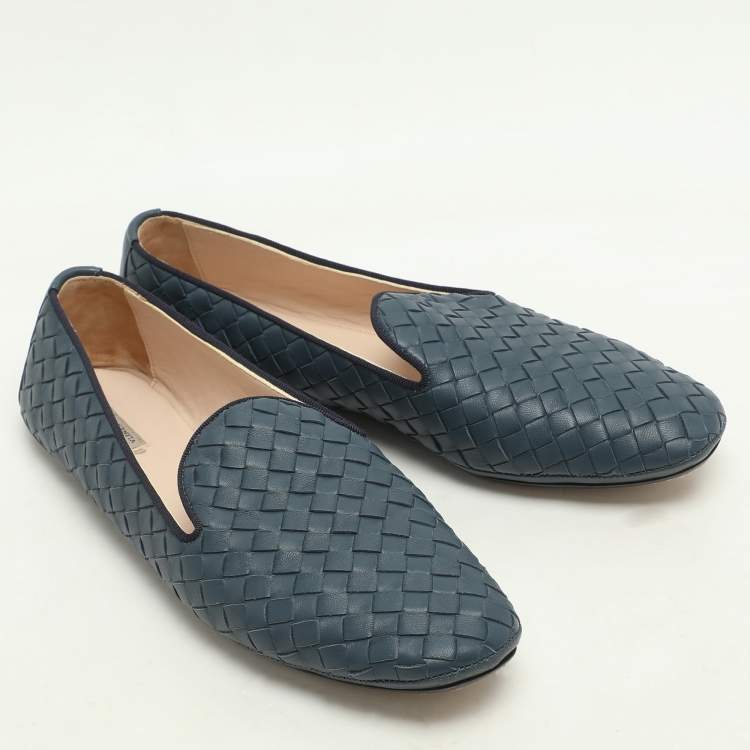 Pre Owned Bottega Veneta Blue Intrecciato Leather Ballet Flats Size 37