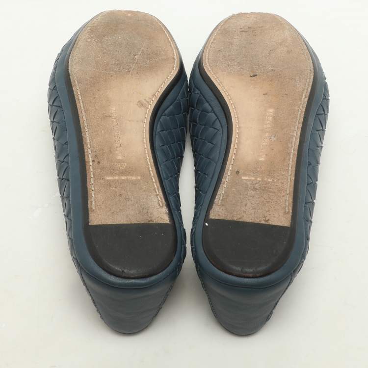 Pre Owned Bottega Veneta Blue Intrecciato Leather Ballet Flats Size 37