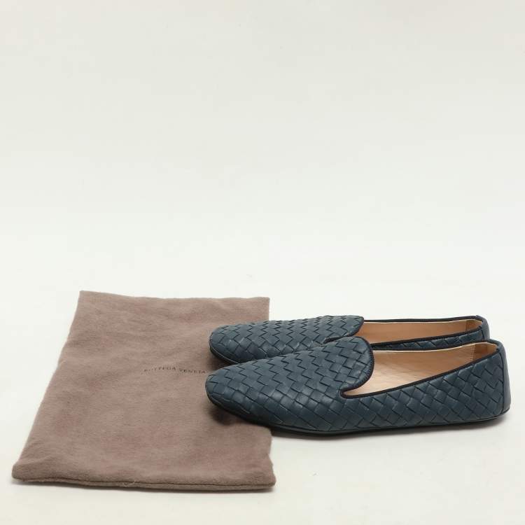 Pre Owned Bottega Veneta Blue Intrecciato Leather Ballet Flats Size 37