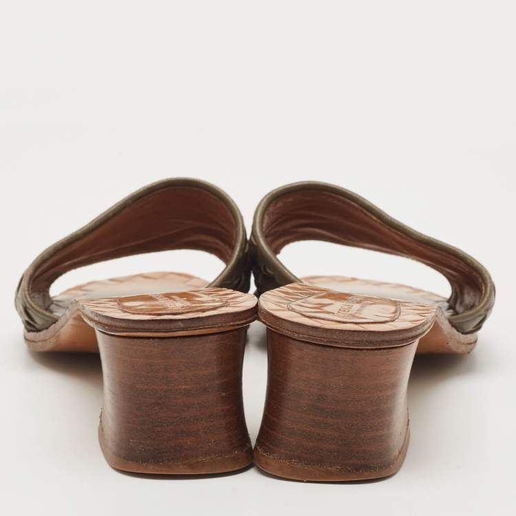 Pre Owned Bottega Veneta Brown Intrecciato Leather Ravello Slide Sandals Size 37.5