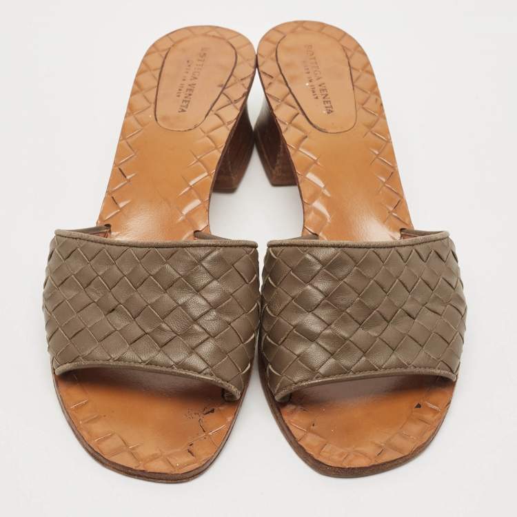 Pre Owned Bottega Veneta Brown Intrecciato Leather Ravello Slide Sandals Size 37.5