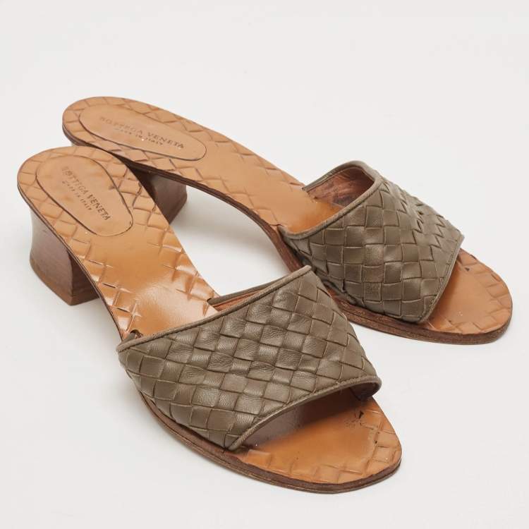 Pre Owned Bottega Veneta Brown Intrecciato Leather Ravello Slide Sandals Size 37.5
